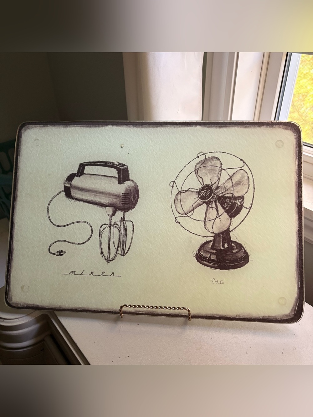 Vintage Style Mixer & Fan tempered glass cutting board. 18x12 in.